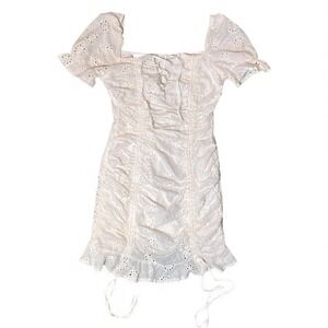 Eilly Bazar White Eyelet Lace Up Puff Sleeve Ruched Mini Dress Womens Size S
